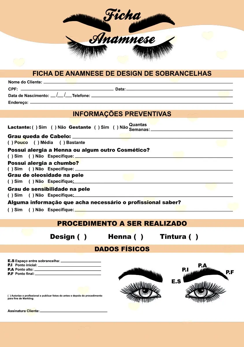 Ficha de anamnese personalizada para design de sobrancelhas