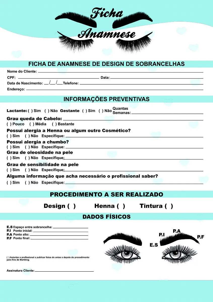 Ficha de anamnese azul para design de sobrancelhas