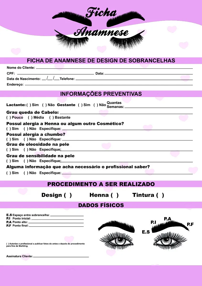 Ficha de anamnese rosa para design de sobrancelhas